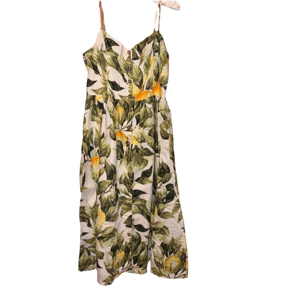 H&M White Midi Dress with Green Leaf & Yellow Floral Print